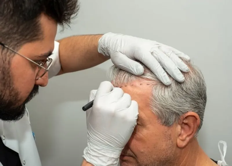 A surgeon examines a patient’s scalp during a hair transplant consultation in Istanbul
