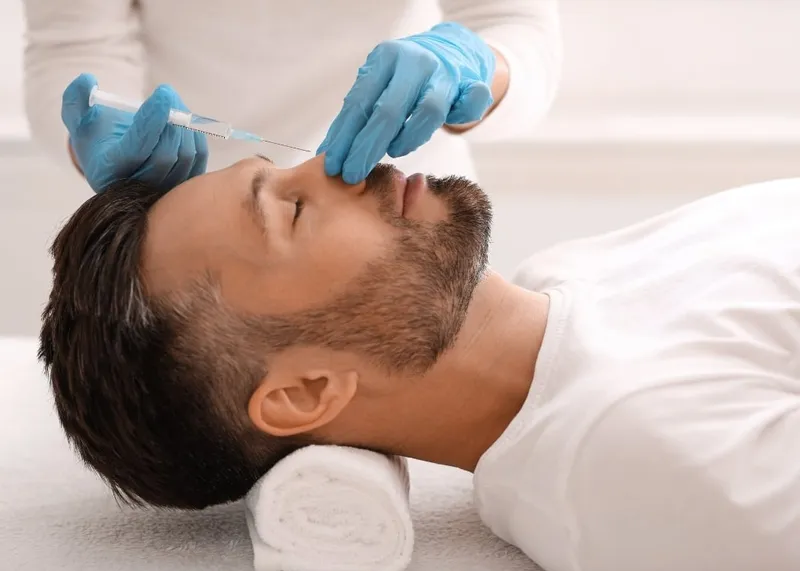 A practitioner administers a Botox injection to smooth expression lines on a patient's forehead.