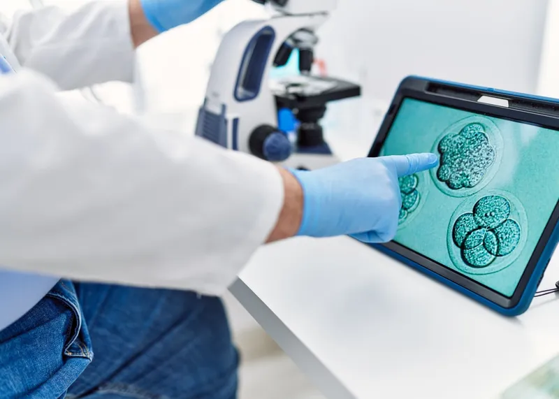 Embryologist performing a procedure under a microscope in an IVF laboratory