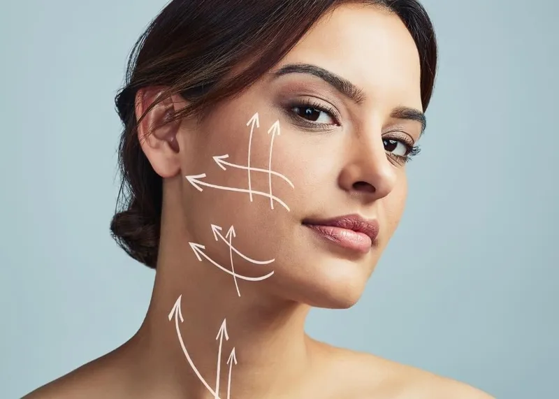 Surgeon marking facelift incision lines on a patient's face before surgery.