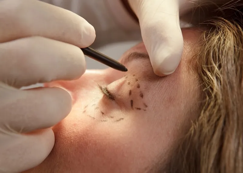 Close-up of a patient's eye area being assessed before eyelid surgery