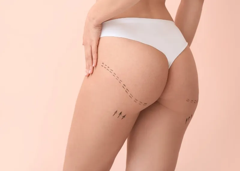 Body contouring markings drawn on a patient before liposuction and fat transfer