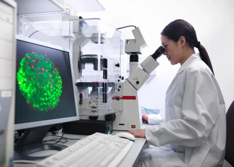 Laboratory technician preparing a cell-based product under controlled clean-room conditions